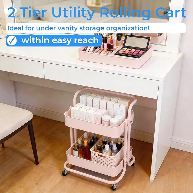 Ufriandz 2 Tier Short Rolling Cart with Wheels All-Metal Pink Pantry Storage for Kitchen,Under Desk Trolley with Handle Small Wheeled Storage Cart for Laundry Room Bathroom, Under Table Small Space
