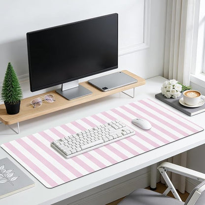 Pink Striped Desk Mat Cute Large Mouse Pad Kawaii Extended PU Leather Mat for Home Office Desk Decor for Women Cozy Gaming Keyboard Pad 35.4 X 15.7inch
