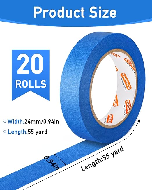 KIWIHUB Blue Painters Tape - 20 Rolls Masking Tape 1 inch Wide, Multi-Surface No Residue Blue Tape for Walls, Painting, Packing & Automotive 0.94 Inch x 1100 Yards