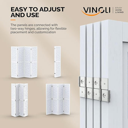 VINGLI 70'' H Room Divider, Non-Woven Fabric Privacy Screen, Indoor Partition Wall Dividers, Freestanding Hinged Space Separator with Modern Unique Pattern (White, 4 Panel)