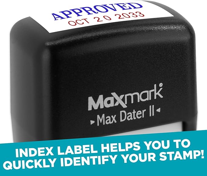 MaxMark Self-Inking Rubber Date Office Stamp with Scanned Phrase Blue Ink & Date RED Ink (Max Dater II), 12-Year Band