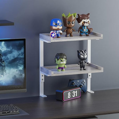 ART-GIFTREE Clamp On Desk Shelf 2-Tier, Wood Shelving Unit for Office Desk/Gaming Accessories, Tabletop Book Storage Rack, Shelf for Top of Desk, Grey