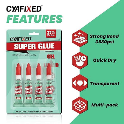 Super Glue Gel & Liquid, Clear Ca Glue Multipack All Purpose Repair Ceramic Plastic Glass Metal Pottery, Single Use Strong Cyanoacrylate Adhesive for Bonding Wood Shoes Crafts Model Aquarium Instant