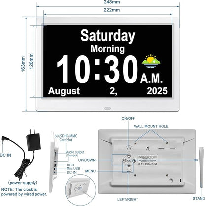 SSYA Dementia Clocks with Day and Date for Seniors,13 Alarms Custom Reminders, Extra Large Digital Calendar Clock for Elderly. (White)
