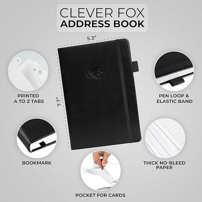 Clever Fox Address Book with alphabetic tabs - PU leather telephone and address book for keeping contacts safe, Contact Organizer Journal, Medium Size (5.3″ x 7.7″) Hardcover, Black