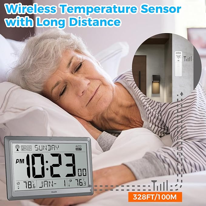 Wall Clock Atomic with Indoor Outdoor Temperature Battery Powered, Easy Reading with 10.5 Inch Large LCD Display, 330FT Range Table Wall Clock With DST, 12/24 Hour for Living Room Kitchen (Silver)