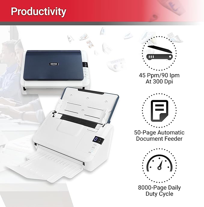 Xerox Visioneer Xerox D35 Scanner, USB Office Document Scanner for PC and Mac, 45 PPM, Automatic Document Feeder (ADF), White
