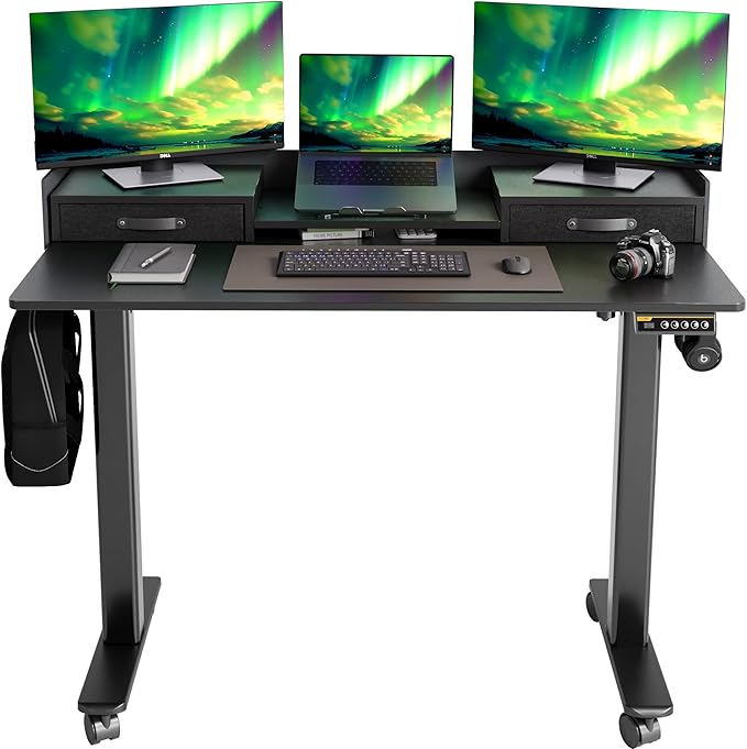 Claiks Standing Desk with Drawers, Stand Up Electric Standing Desk Adjustable Height, Sit Stand Desk with Storage Shelf and Splice Board, 48 Inch, Black