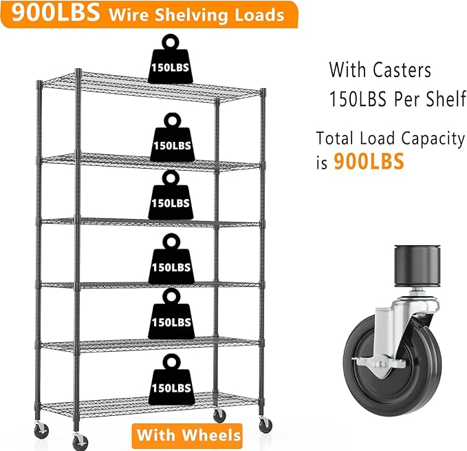 Himimi 82" H Storage Shelves 6 Tier Metal Shelving Adjustable Wire Shelf with Wheels, Heavy Duty Shelving for Garage Kitchen Pantry Bathroom Laundry,18" D*48" W*82" H, Black