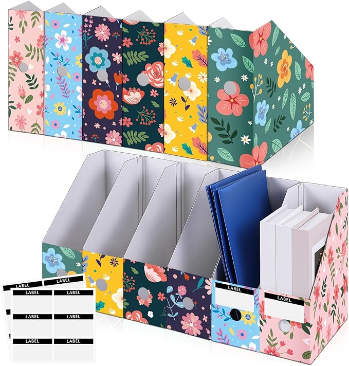 PerKoop 6 Pcs Magazine File Holder Foldable Decorative Cardboard File Folders 6 Patterns Floral Colored Magazine Rack with Printable Sticker Labels for School Office Home Desk (Flower Design)