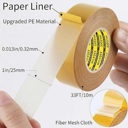MILEQEE Double Sided Tape Heavy Duty,1in x 33FT(10m), Universal High Tack, Strong Wall Adhesive with Fiberglass Mesh, Super Sticky Resistente Clear Tape, Easy Use Transparent Tape School Supplies