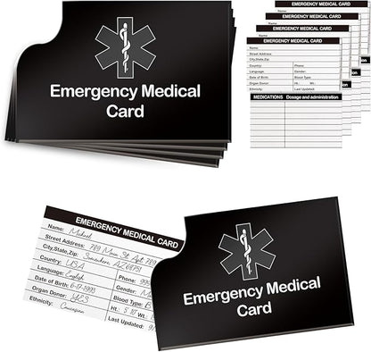 4 Pack Emergency Medical Information Id Card Red Medical Condition and Emergency Contact Id Wallet Card Medical Alert Wallet Card Pocket Size Medication List and Medical Cards for Caretakers (Black)