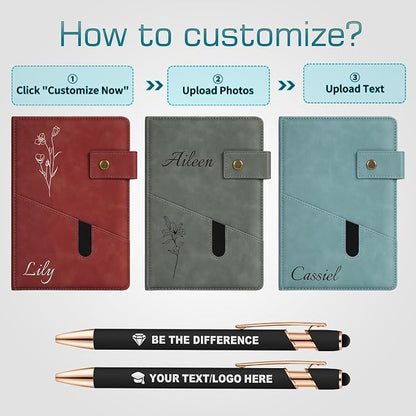 ENOMY Personalized Notebook & Pen Set PU Leather Custom A5 Notebook with Lock 200 Lined Paper Pages Luxury Gift Box for Men Women Travel College Business Gift, Light Blue