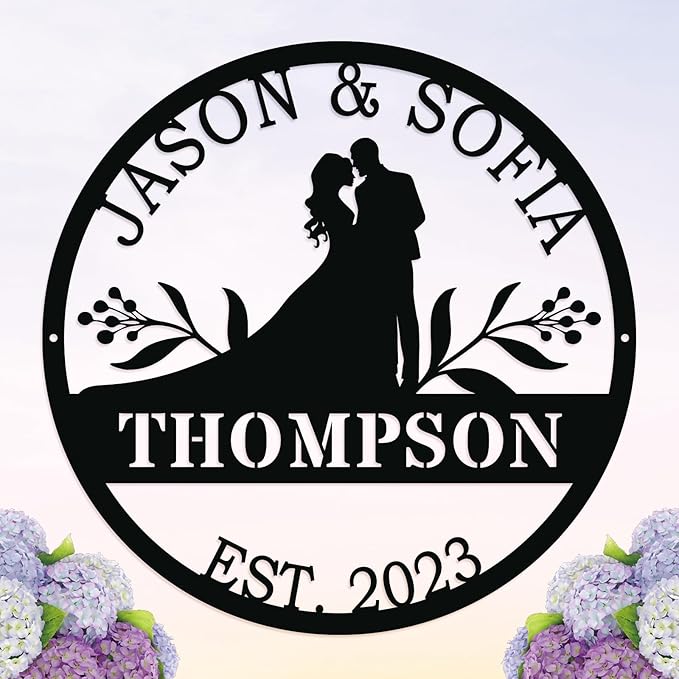 Wedding Couple Sign Metal, Personalized with Silhouette Names and Year, Rustic Iron Wall Art for Newlyweds, Wedding Anniversary Christmas Gift Idea