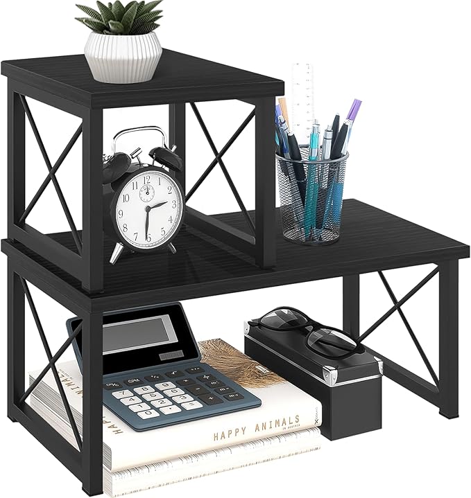 ELITEROO Wood Desktop Shelf, Freestanding Small Bookshelf Dorm Supplies Organizers, 2 Tier Independent Stackable Desk Stand, Adjustable Storage Organizer, Kitchen Counter Display Rack, Black