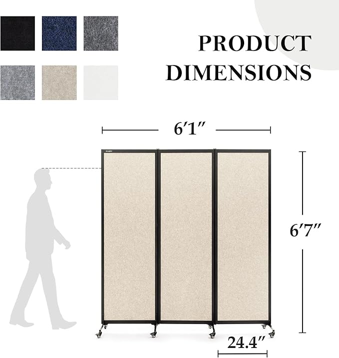 Upgrade Version Room Partition and Divider, Freestanding Rolling Dividers with Wheels,Office Privacy Screen Divider Wall,Classroom Felt Dividers,6'L* 6'7"H,3 Panel,Beige
