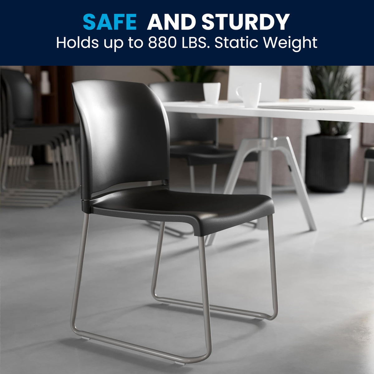 880 lb. Capacity Black Full Back Contoured Stack Chair with Gray Powder Coated Sled Base
