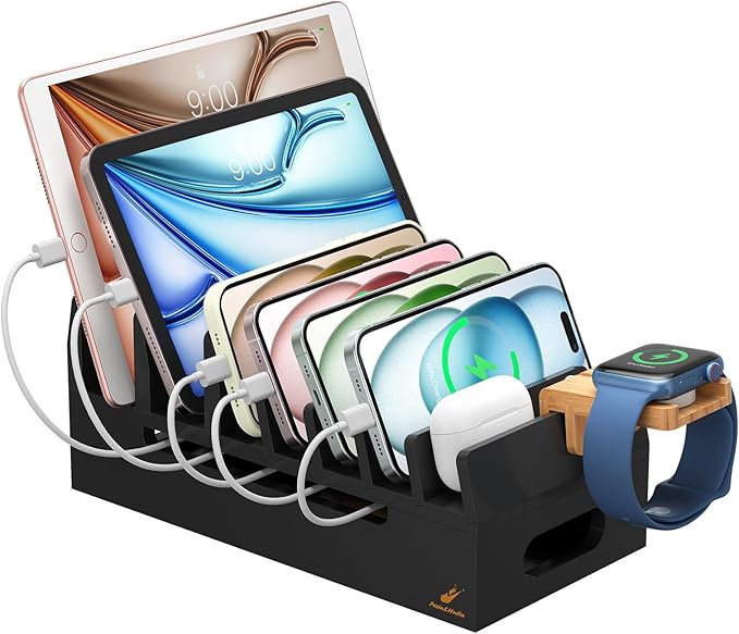 Pezin & Hulin Bamboo Charging Station with Watch Stand, Docking Holder for Multi Device with 5 Charge Cables, Desktop Dock Stations Electronic Organizer for Cellphone, Tablet, Watch-Black
