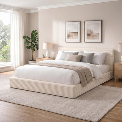 King Size Bed Frame, Plush CloudSoft Bed, Corduroy Upholstered Platform Bed Frame with Headboard, Easy Assembly, No Box Spring Needed, Modern Soft Bed Frame, White