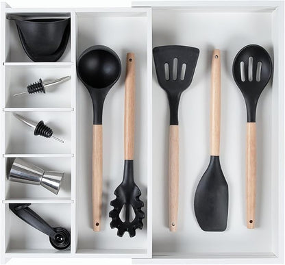 KitchenEdge Adjustable Kitchen Drawer Organizer for Utensils and Junk, Food-Safe Contract Grade with 100% Sustainable Wood, Expandable from 10.5 to 19 Inches Wide - White Bamboo