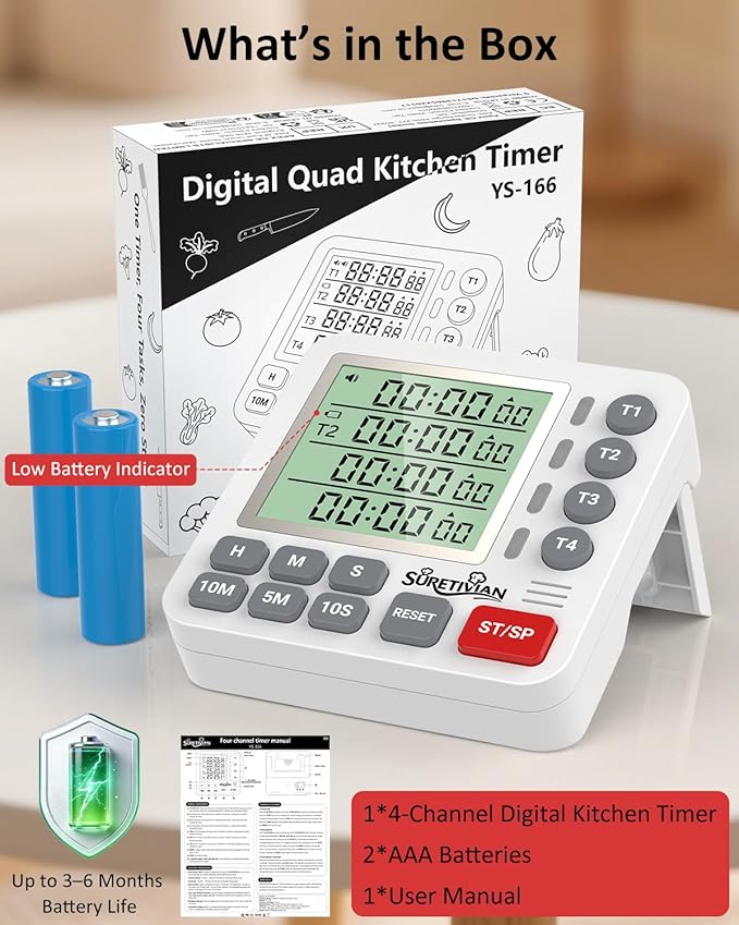 Digital Kitchen Timer for Cooking - 4 Channel Count Up Countdown Timer with Loud Alarm and Silent Mode, Large Display, Magnetic Back, Auto Memory for Classroom Study Gym, Battery Included (White&Grey)