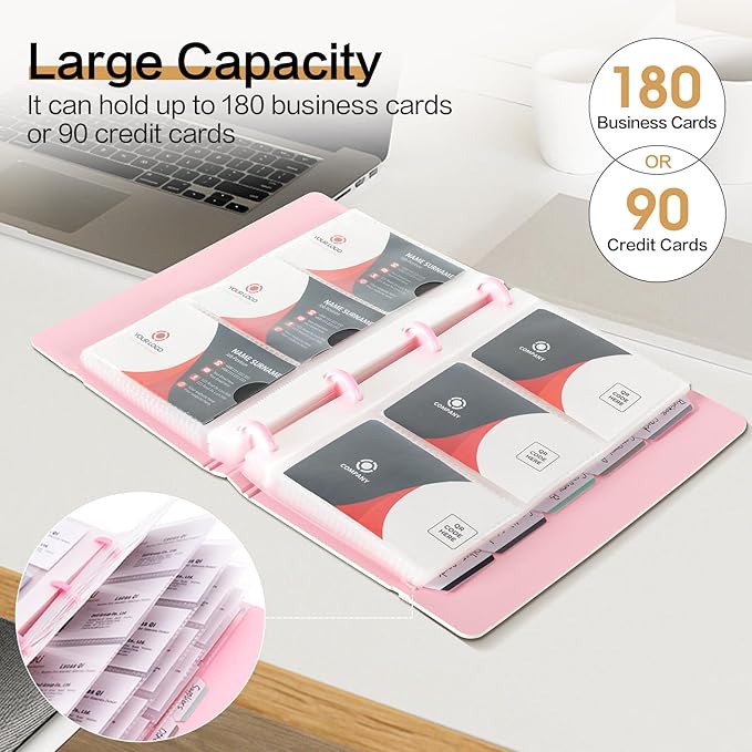 deli Business Card Book Holder, Business Card Organizer, Name Card Book Holder, Portable Office Business Card Holder, Hold 180 Cards, Pink
