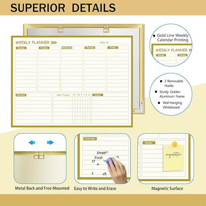 Large Weekly Dry Erase Board for Wall,20"x28",Gold Aluminum Frame Magnetic Weekly Planner Whiteboard for to Do List, Memo, School, Home, Office, Kitchen