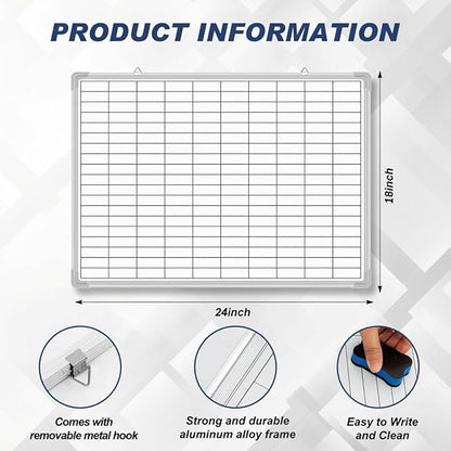 Lined Whiteboard Blank Grid Aluminum Frame Dry Erase Board Reusable Wall Mounted Board for Scheduling, to Do Lists Weekly Planning Home Work(24 x 18 Inch,Whiteboard with Grid)