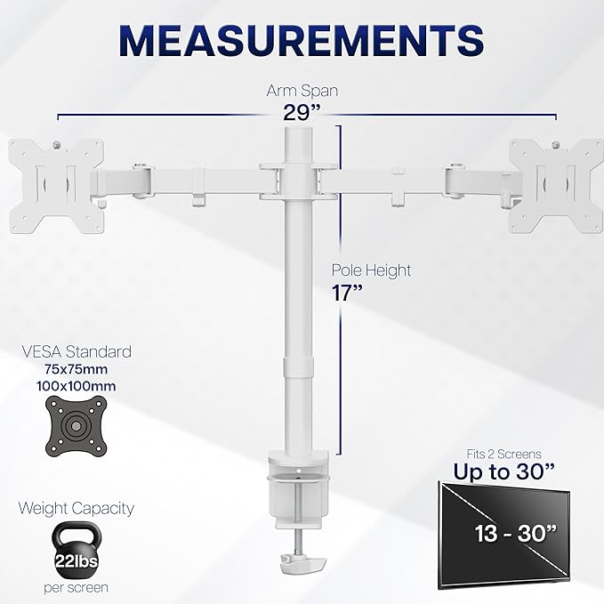 VIVO Dual Monitor Desk Mount, Heavy Duty Fully Adjustable Steel Stand, Holds 2 Computer Screens up to 30 inches and Max 22lbs Each, White, STAND-V002W