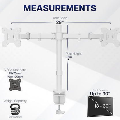 VIVO Dual Monitor Desk Mount, Heavy Duty Fully Adjustable Steel Stand, Holds 2 Computer Screens up to 30 inches and Max 22lbs Each, White, STAND-V002W