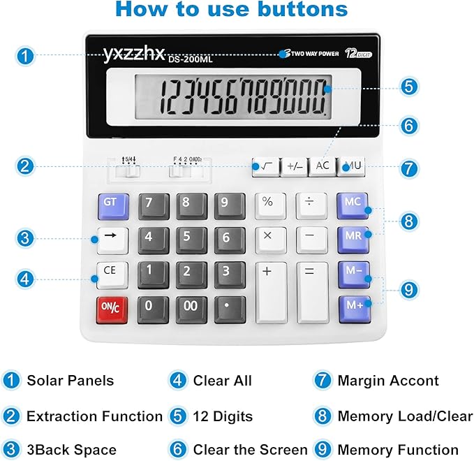 Desk Calculator 12 Digit Extra Large 4.3-Inch LCD Display, Two Way Power Battery and Solar Calculators Desktop, Big Buttons Easy to Press Used as Office Calculators for Desk White