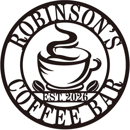 Personalized Coffee Bar Metal Sign, Custom Name Wall Art for Kitchen or Cafe, Coffee Station Decor, Housewarming Gift for Family or Couple, Custom Home Wall Ornament