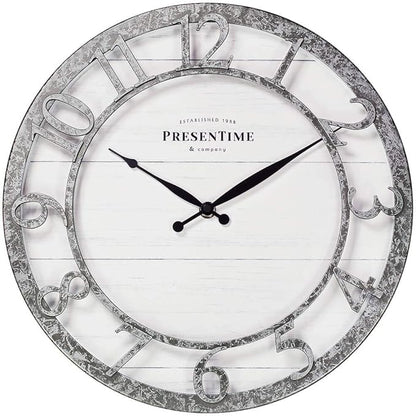 Presentime & Co 13" Farmhouse Series Wall Clock, Quartz Movement, Shiplap Style,Raised 3D Arabic Numeral, Galvanized Finish