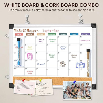 Monthly Dry Erase Board and Cork Board Combo for Wall, 17"x13" Reversible Hanging Dry Erase Board, Double Sided White Board with Aluminum Frame for Planning, Office, Kitchen, School, Home