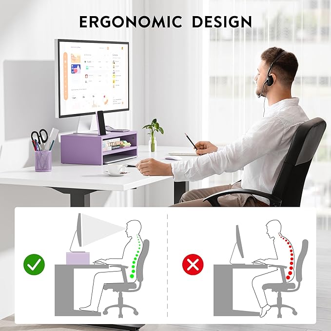 BONTEC Wooden Monitor Stand Riser, 2-Tier Desk Shelf with Storage Organizer, Ergonomic Computer Stand with Cable Management, Cellphone Holder, Purple, 16.5 Inch
