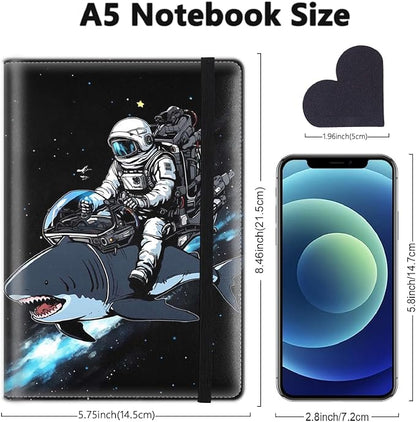 A5 Leather Lined Journal Notebook, 200 Pages Hardcover Executive Notebook for Men Women Office School Note Taking, Thick Writing Paper Daily Journal with Bookmarks/Indexes, Astronaut Rides a Shark