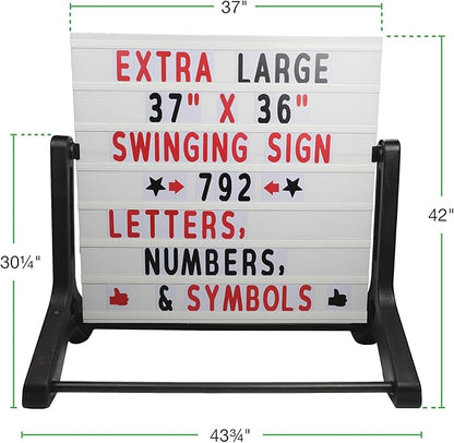 Excello Global Products Swinging Changable Message Sidewalk Sign: 37" x 36" Sign with 792 Pre-Cut Double Sided Letters and Storage Box. Includes Black Sign Board & 4 Liquid Chalkboard & Letter Board