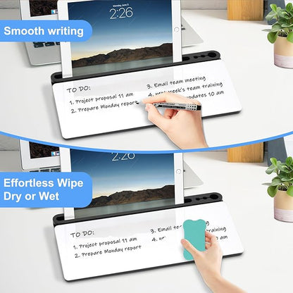 Desktop Glass Whiteboard with Storage, Desk White Board with Computer Keyboard Stand, White Dry Erase Board with Drawers for Home, School, Office Desk Organizers and Accessories