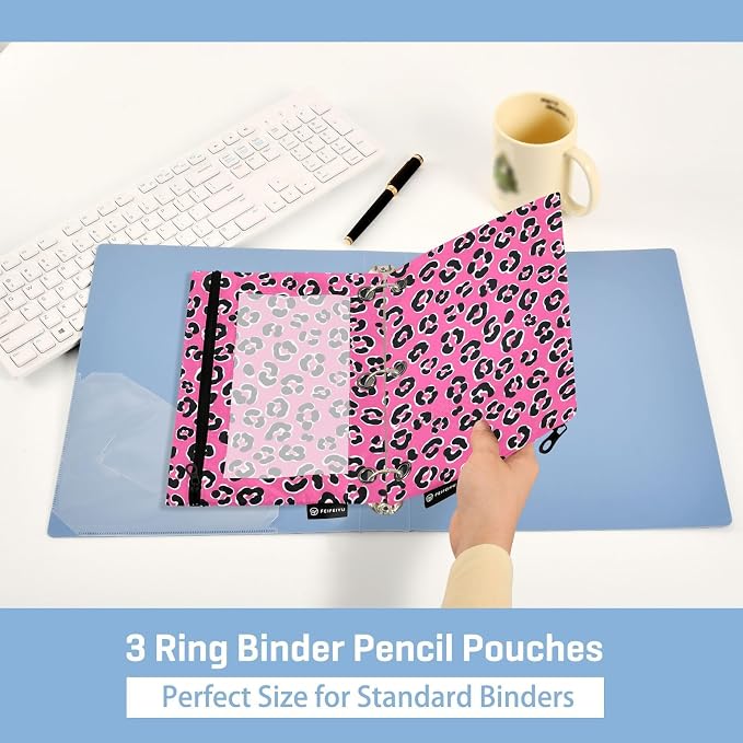 Emelivor Leopard Pink Pencil Pouch for 3 Ring Binder 2 Pack Binder Pencil Pouches Zippered Clear Pencil Case Cosmetic Bag for Storing College Office Supplies