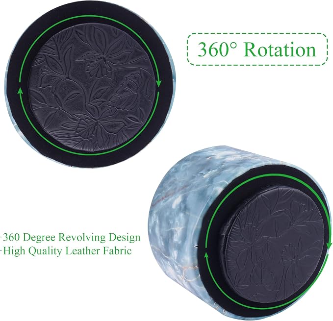 Round Leather Art Supply Organizer,Remote Control Holder,360-degree Rotating Pen Organizer with 4 Compartments(1-Marble Jade)