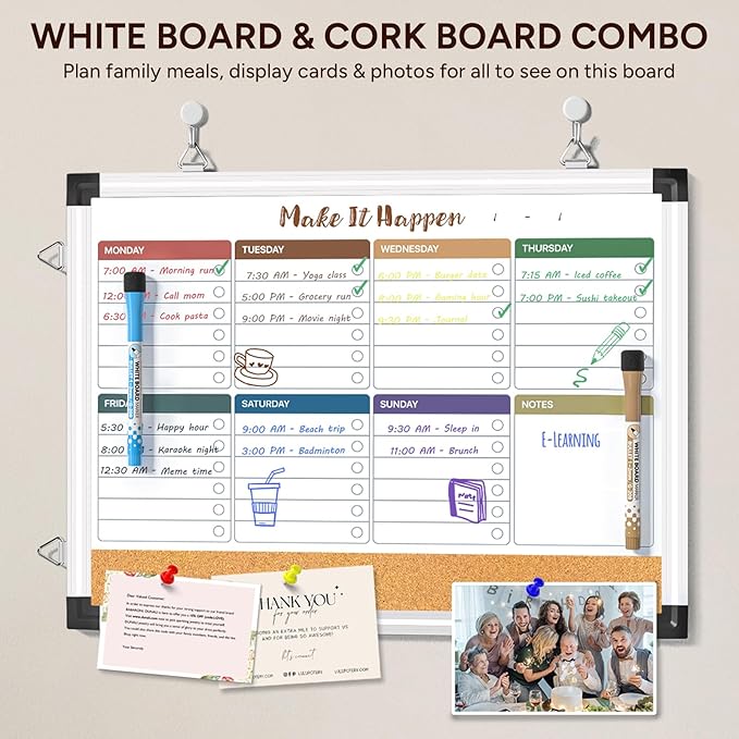 Weekly Dry Erase Board and Cork Board Combo for Wall, 17"x13" Reversible Hanging Dry Erase Board, Double Sided White Board with Aluminum Frame for Planning, Office, Kitchen, School, Home