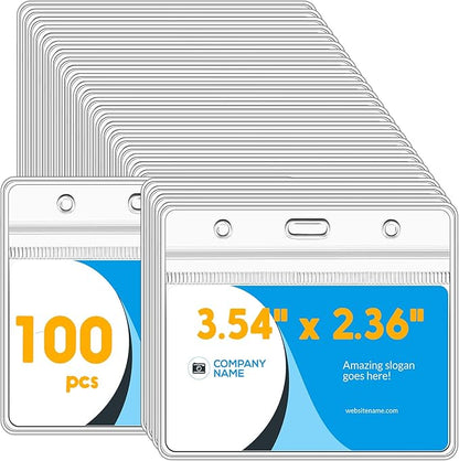 Marspark 100 Pieces Clear Plastic Horizontal Name Badge ID Card Holders with Waterproof Type Resealable Zip, 3.54 x 2.36 in, Transparent PVC Sleeve for Office Back to School Supplies