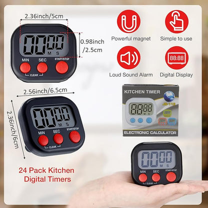 Leumoi 24 Pcs Digital Kitchen Timers Magnetic Back Timers Bulk Large Screen Loud Alarm On/Off Switch Minute Second Count up Countdown Memory Setting for Cooking Classroom Exercise(Black and Red)