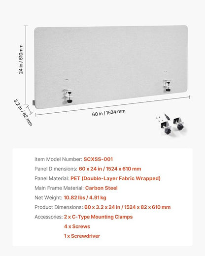 VEVOR Desk Divider Privacy Panel, 60" x 24" Clamp-on Office Desk Partition, PET Cubicle Partition Panel, Workstation Privacy Divider with 2 C-Type Clamps for Office, Sturdy Room, Library