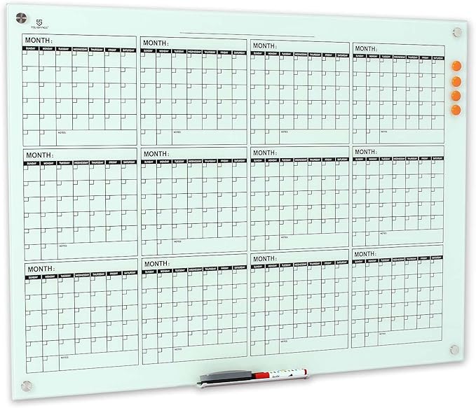TSJ OFFICE Glass Calendar Whiteboard - 48 x 36 Inches Wall Mounted Dry Erase Yearly Planner for Wall, Large Magnetic Glass White Board for Office, Home & School