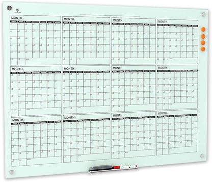 TSJ OFFICE Glass Calendar Whiteboard - 48 x 36 Inches Wall Mounted Dry Erase Yearly Planner for Wall, Large Magnetic Glass White Board for Office, Home & School