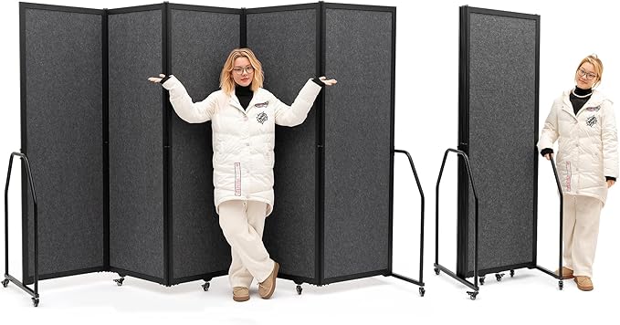 Artigwall Folding Privacy Screens Freestanding partition with Wheels and arms Portable dividers for Medical Hospital Offices 5 Panel, Dark Gray