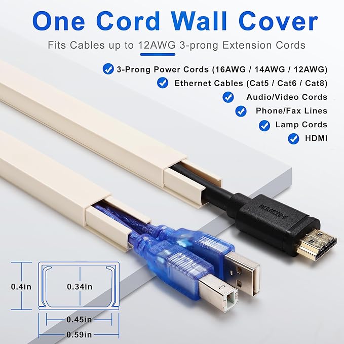 Cord Hider Wall for One Cord, 136in Wire Covers Wall, Easy Install Cable Cover Kit, Cable Raceway Beige, Wire Management Wall, 8X L17in W0.6in H0.4in
