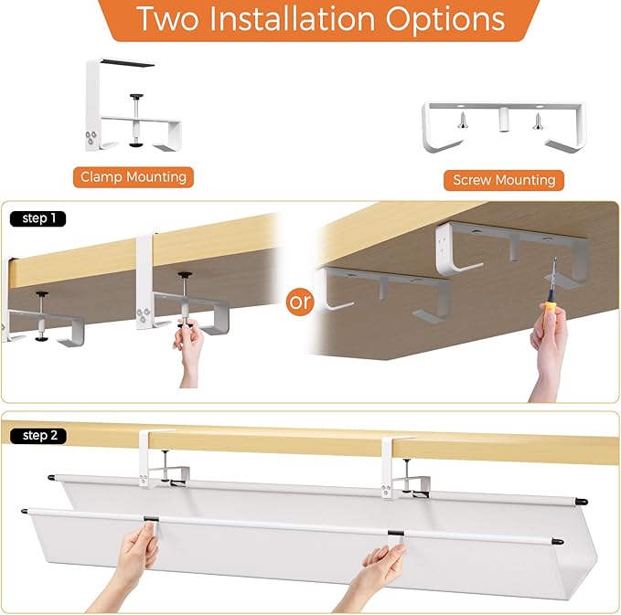 Under Desk Cable Management Tray - 48" Cord Organizer for Desk No Drill, Fabric Under Table Wire Organizer with 16X Cable Ties Hide for Office/Home, Cord Hider Fits Adapters & Sockets, White