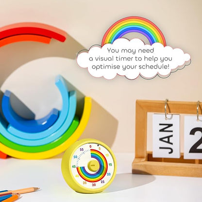 Visual Timer for Kids, 60-Minute Countdown Timer for Classroom Office Kitchen, Desk Timer Kids Time Management Tools with Silent Operation, Pomodoro Time Rainbow Pattern (Yellow)